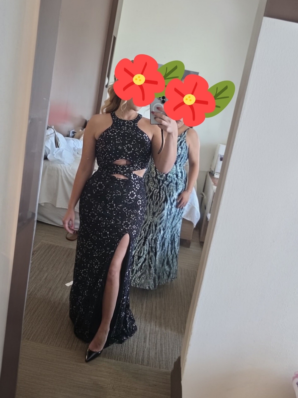 La Femme Black Glitter Halter Backless Evening Gown